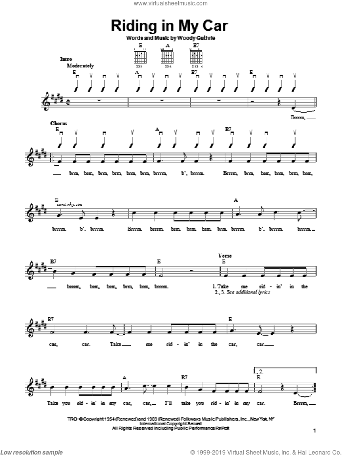 Riding In My Car sheet music for guitar solo (chords) by Woody Guthrie, easy guitar (chords)