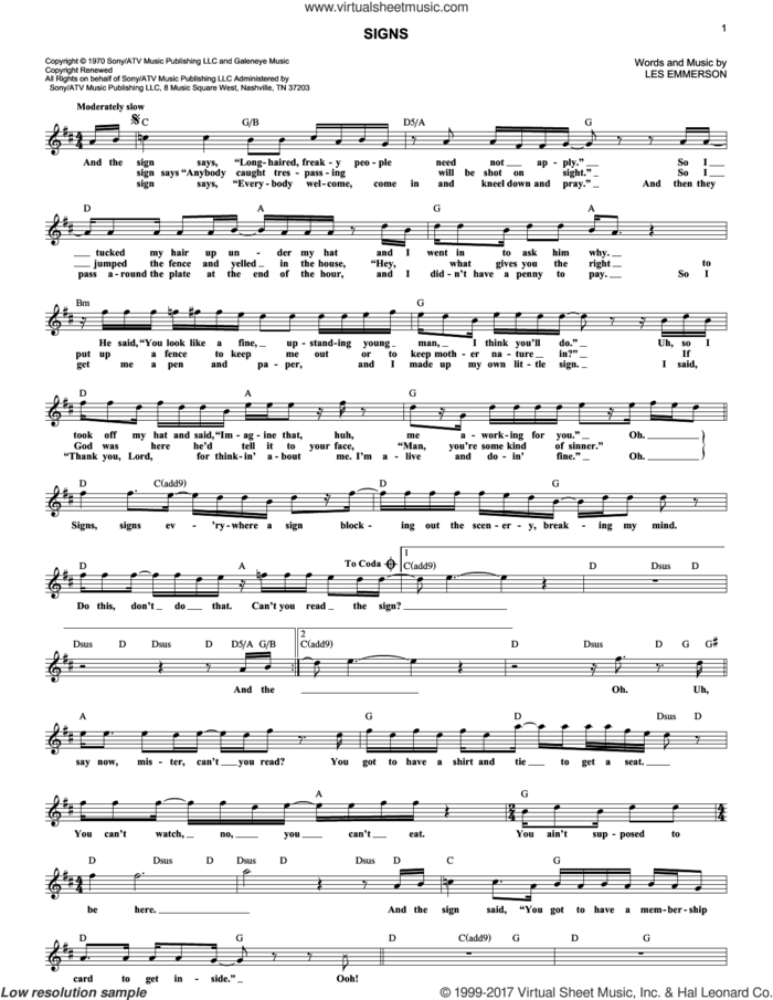 Signs sheet music for voice and other instruments (fake book) by Five Man Electrical Band, Tesla and Les Emmerson, intermediate skill level