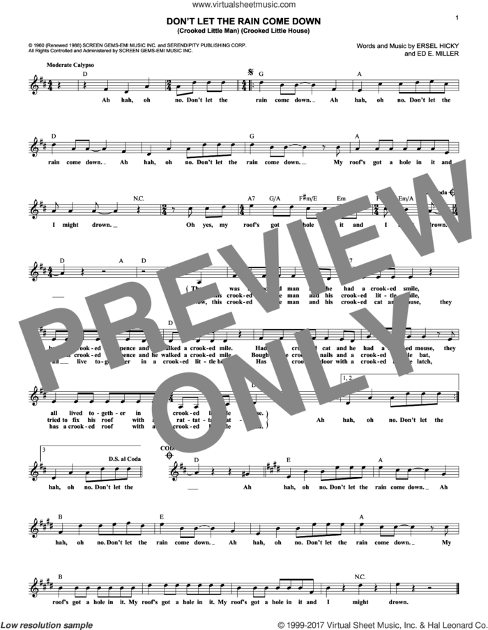 Don't Let The Rain Come Down (Crooked Little Man) (Crooked Little House) sheet music for voice and other instruments (fake book) by Serendipity Singers, Ed. E. Miller and Ersel Hicky, intermediate skill level