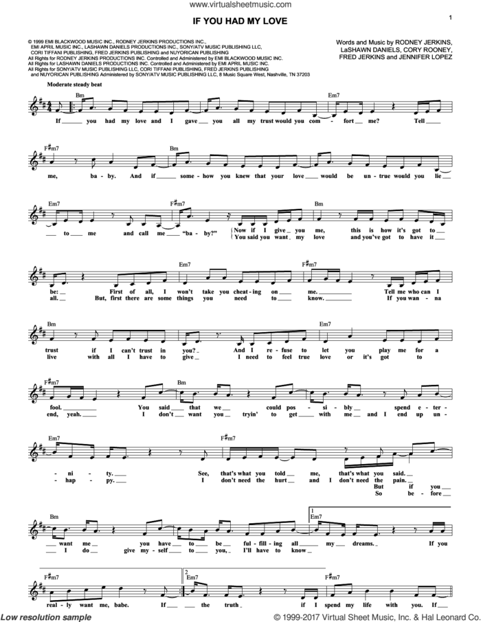 If You Had My Love sheet music for voice and other instruments (fake book) by Jennifer Lopez, Cory Rooney, Fred Jerkins, LaShawn Daniels and Rodney Jerkins, intermediate skill level