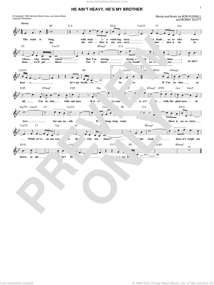 He Ain't Heavy, He's My Brother sheet music for voice and other instruments (fake book) by The Hollies, Neil Diamond, Bob Russell and Bobby Scott, intermediate skill level