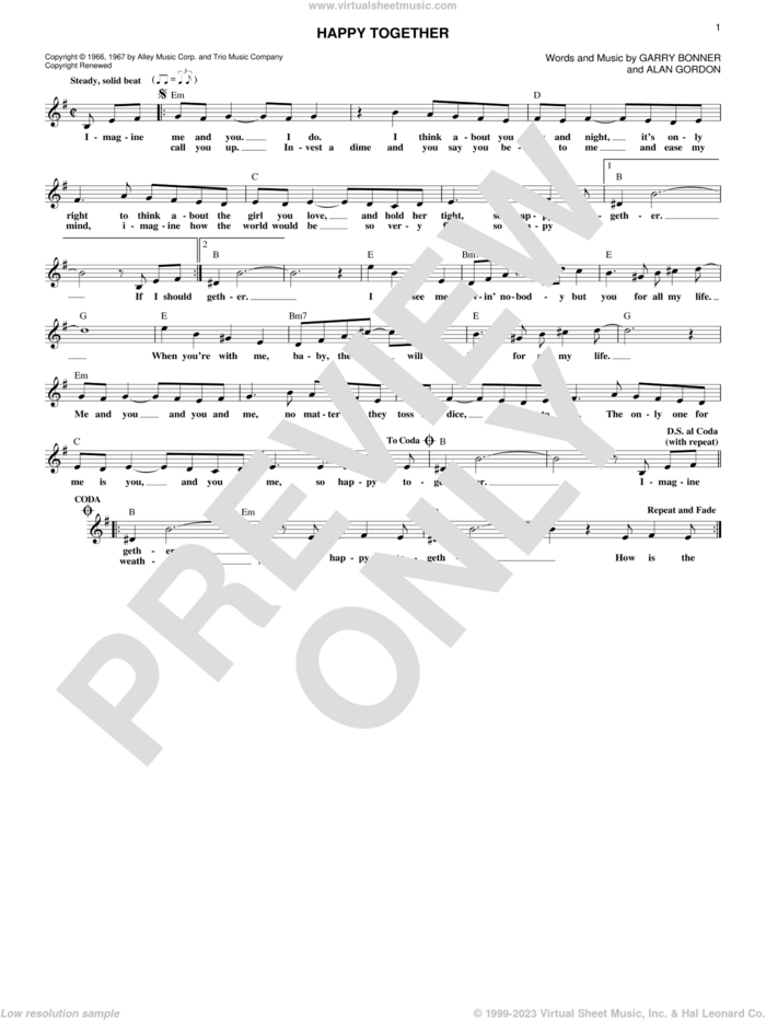 Happy Together sheet music for voice and other instruments (fake book) by The Turtles, Alan Gordon and Garry Bonner, intermediate skill level