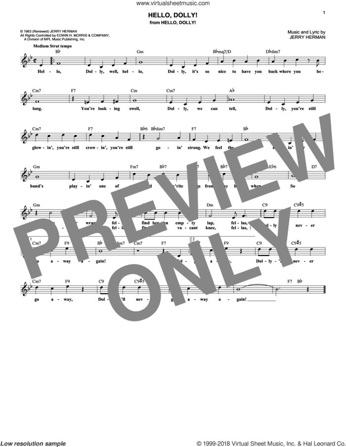 Hello, Dolly! sheet music for voice and other instruments (fake book) by Louis Armstrong and Jerry Herman, intermediate skill level