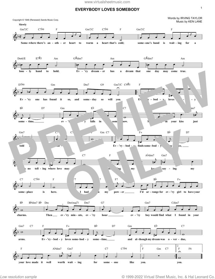 Everybody Loves Somebody sheet music for voice and other instruments (fake book) by Dean Martin, Irving Taylor and Ken Lane, intermediate skill level