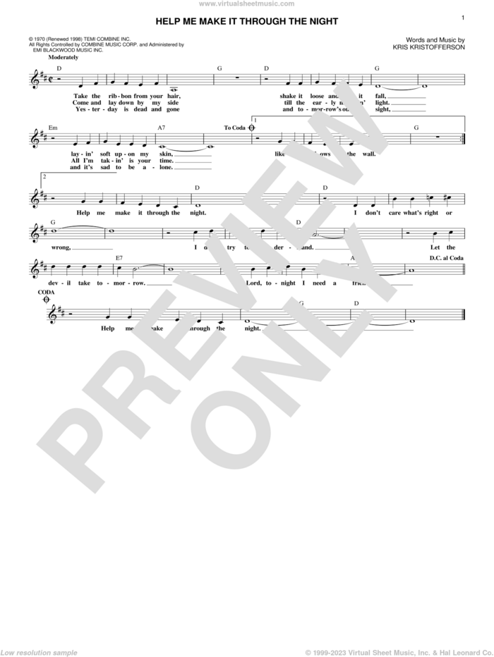 Help Me Make It Through The Night sheet music for voice and other instruments (fake book) by Kris Kristofferson, Elvis Presley, Sammi Smith and Willie Nelson, intermediate skill level