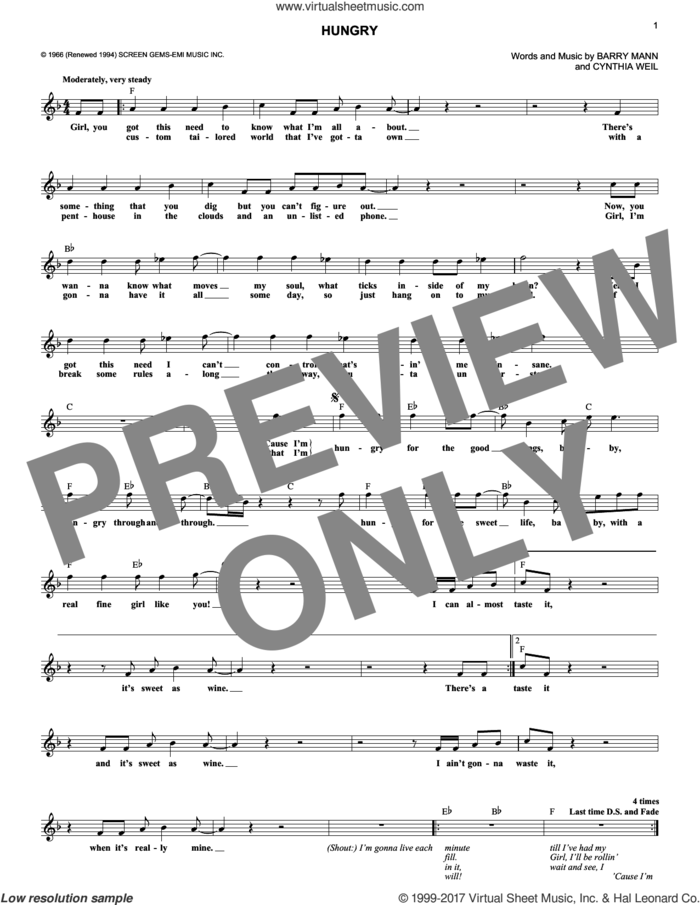 Hungry sheet music for voice and other instruments (fake book) by Paul Revere & The Raiders, Barry Mann and Cynthia Weil, intermediate skill level