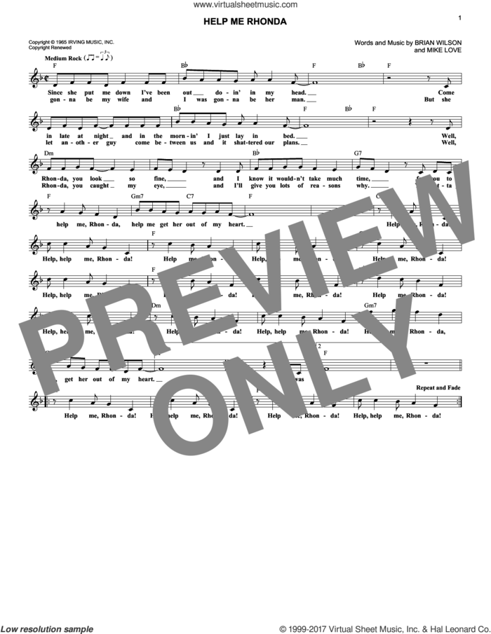 Help Me Rhonda sheet music for voice and other instruments (fake book) by The Beach Boys, Brian Wilson and Mike Love, intermediate skill level