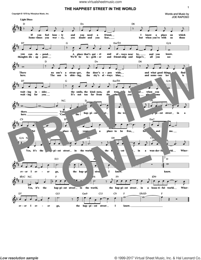 The Happiest Street In The World sheet music for voice and other instruments (fake book) by Joe Raposo, intermediate skill level