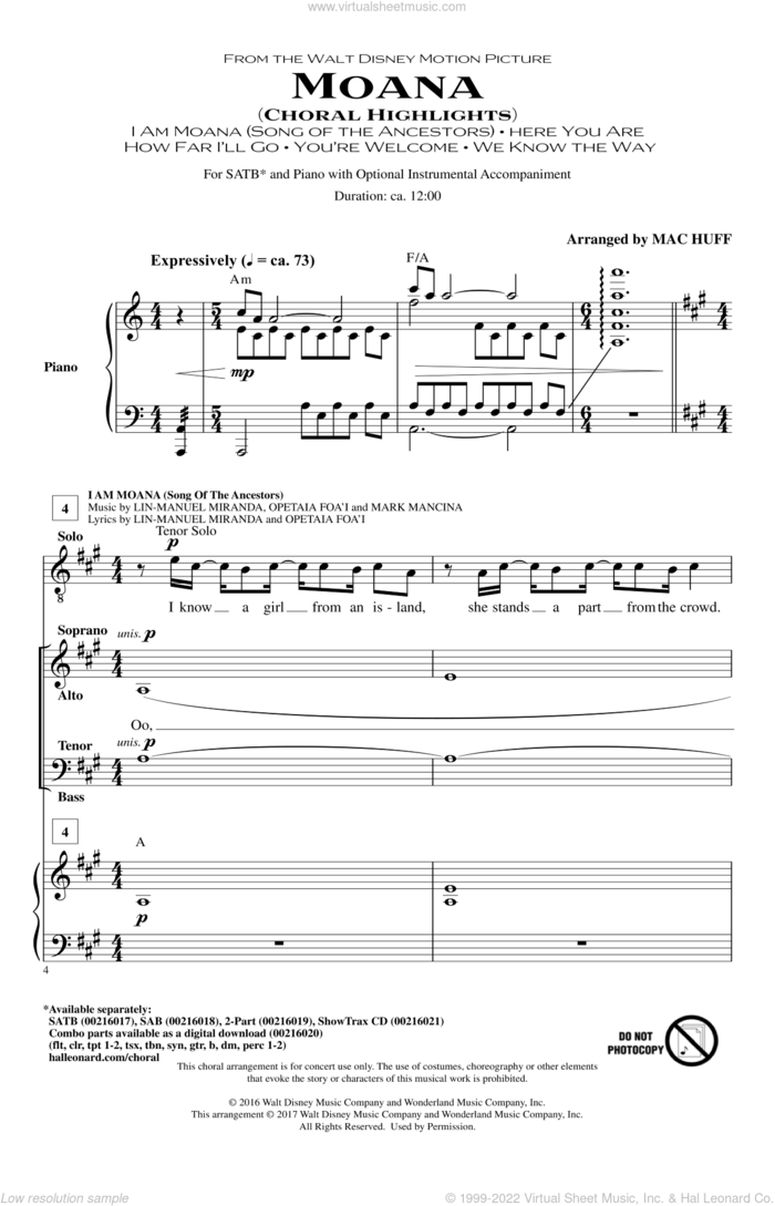 Moana (Choral Highlights) sheet music for choir (SATB: soprano, alto, tenor, bass) by Mark Mancina, Mac Huff and Lin-Manuel Miranda, intermediate skill level