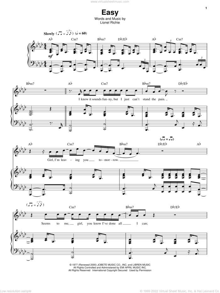 Easy sheet music for voice and piano by The Commodores and Lionel Richie, intermediate skill level