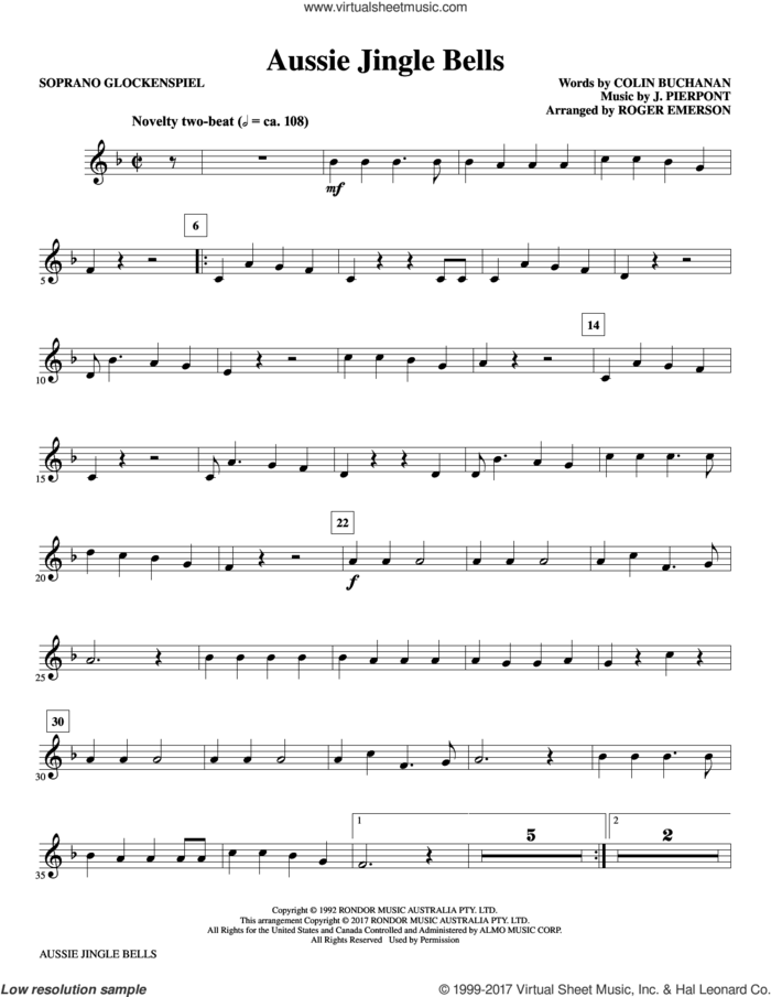 Aussie Jingle Bells (complete set of parts) sheet music for orchestra/band by Roger Emerson, Colin Buchanan and James Pierpont, intermediate skill level