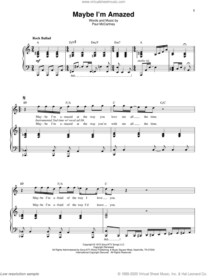 Maybe I'm Amazed sheet music for voice and piano by Paul McCartney, intermediate skill level