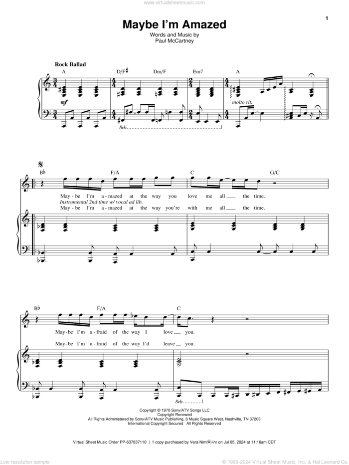 Maybe I'm Amazed sheet music for voice and piano by Paul McCartney, intermediate skill level