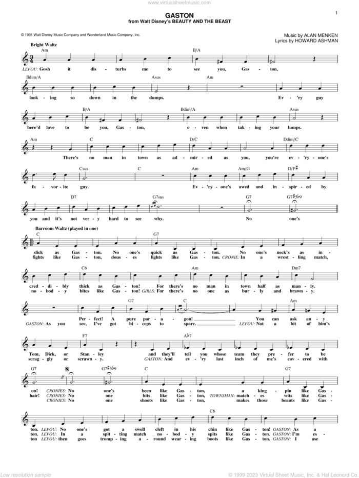 Gaston (from Beauty And The Beast) sheet music for voice and other instruments (fake book) by Alan Menken, Alan Menken & Howard Ashman and Howard Ashman, intermediate skill level