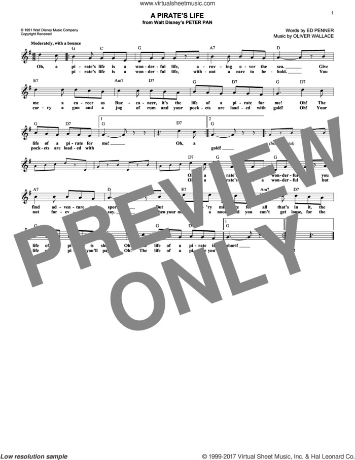 A Pirate's Life (from Peter Pan) sheet music for voice and other instruments (fake book) by Ed Penner, Oliver Wallace and Oliver Wallace & Ed Penner, intermediate skill level