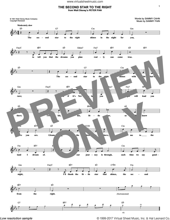 The Second Star To The Right sheet music for voice and other instruments (fake book) by Sammy Fain and Sammy Cahn, intermediate skill level