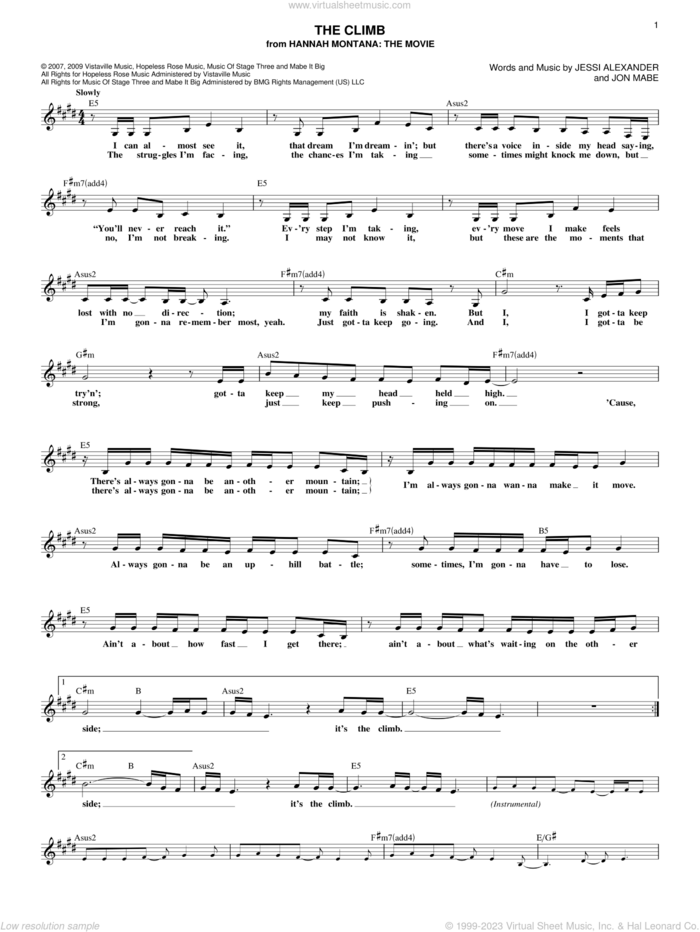The Climb (from Hannah Montana: The Movie) sheet music for voice and other instruments (fake book) by Miley Cyrus, Jessi Alexander and Jon Mabe, intermediate skill level