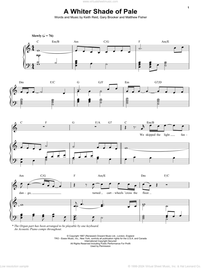 A Whiter Shade Of Pale sheet music for voice and piano by Procol Harum, Annie Lennox, Sarah Brightman, Gary Brooker and Keith Reid, wedding score, intermediate skill level