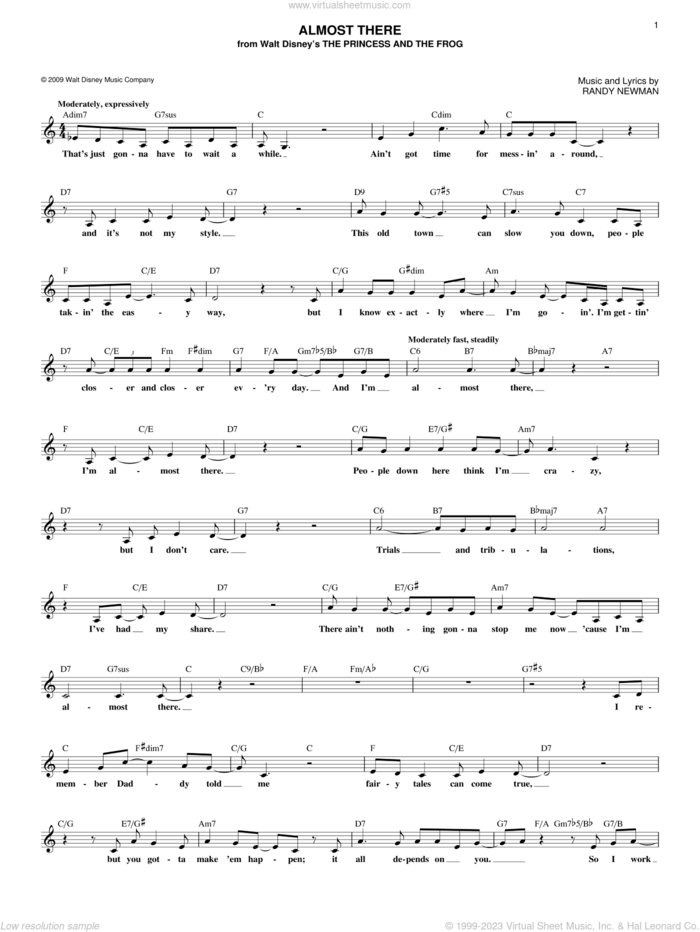 Almost There (from The Princess and the Frog) sheet music for voice and other instruments (fake book) by Randy Newman, intermediate skill level