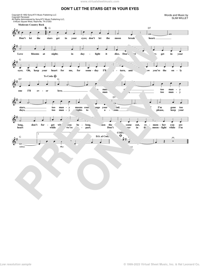 Don't Let The Stars Get In Your Eyes sheet music for voice and other instruments (fake book) by Ray Price, Skeets McDonald and Slim Willet, intermediate skill level