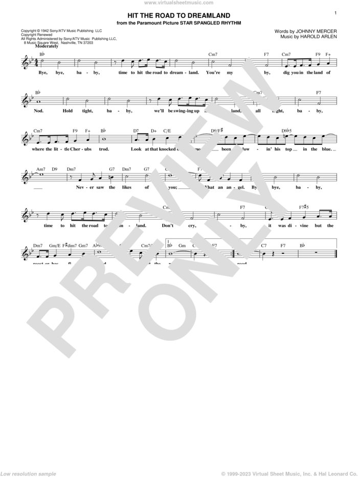 Hit The Road To Dreamland sheet music for voice and other instruments (fake book) by Johnny Mercer and Harold Arlen, intermediate skill level