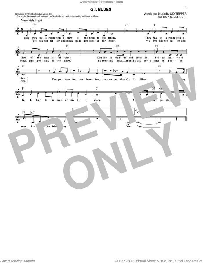 G.I. Blues sheet music for voice and other instruments (fake book) by Elvis Presley, Roy Bennett and Sid Tepper, intermediate skill level