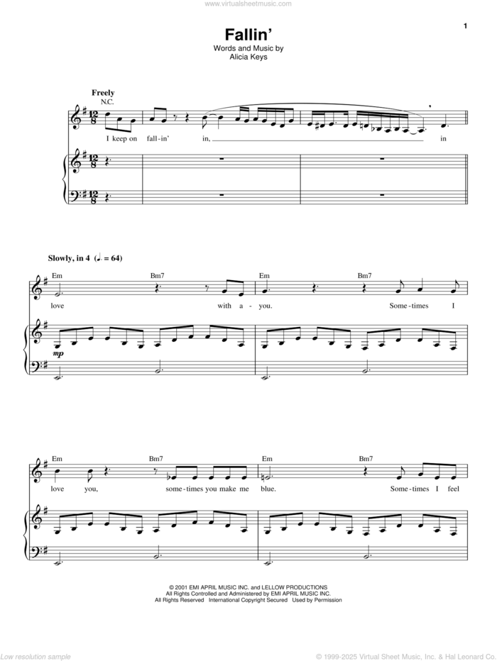 Fallin' sheet music for voice and piano by Alicia Keys, wedding score, intermediate skill level