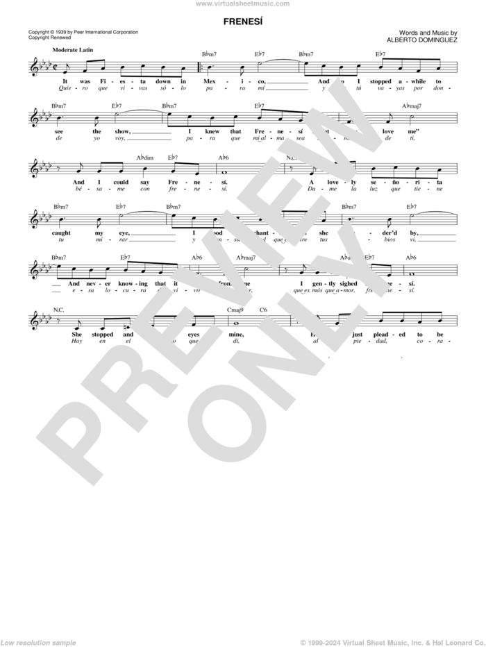 Frenesi sheet music for voice and other instruments (fake book) by Artie Shaw and Alberto Dominguez, intermediate skill level