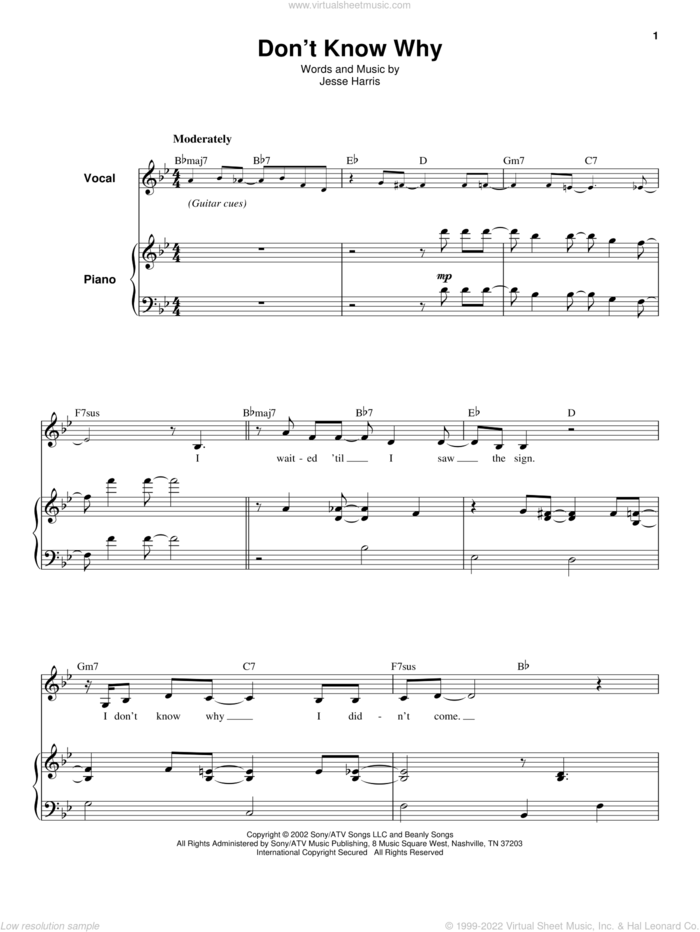 Don't Know Why sheet music for voice and piano by Norah Jones and Jesse Harris, intermediate skill level