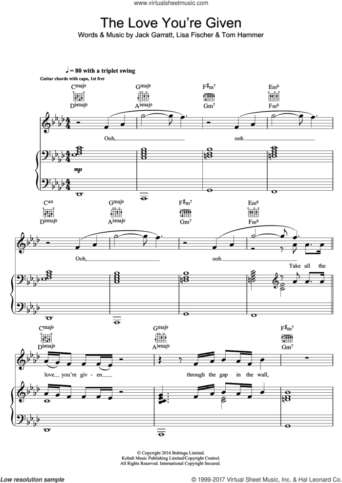 The Love You're Given sheet music for voice, piano or guitar by Jack Garratt, Lisa Fischer and Tom Hammer, intermediate skill level