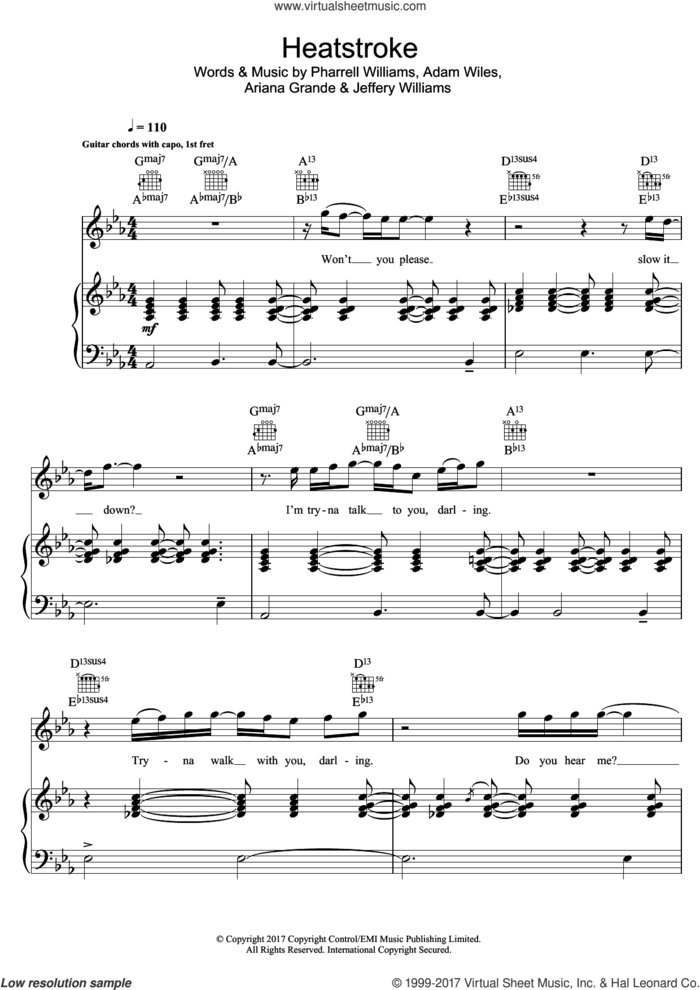 Heatstroke (featuring Young Thug, Pharrell and Ariana Grande) sheet music for voice, piano or guitar by Calvin Harris, Young Thug, Adam Wiles, Ariana Grande, Jeffery Williams and Pharrell Williams, intermediate skill level