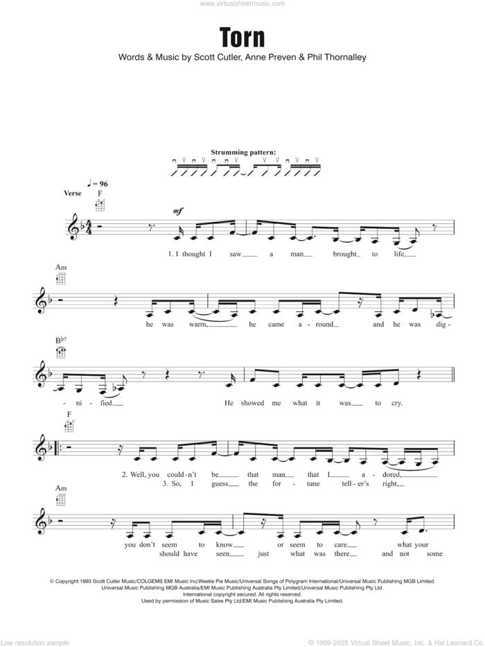 Torn sheet music for ukulele by Natalie Imbruglia, Anne Preven, Phil Thornalley and Scott Cutler, intermediate skill level