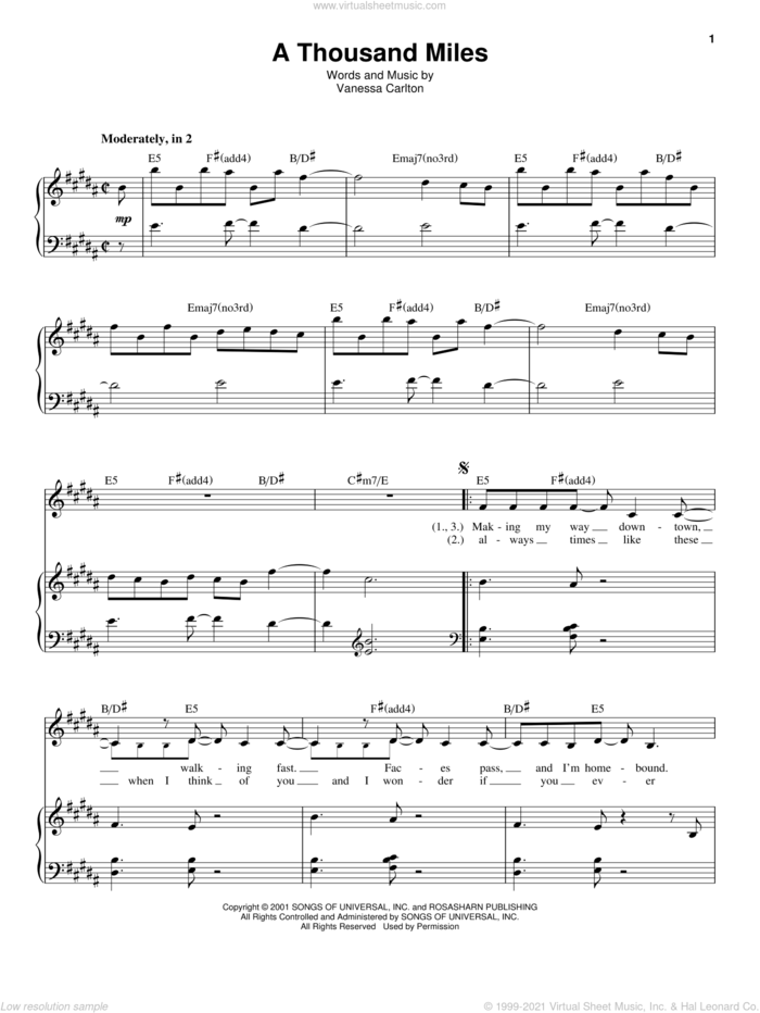A Thousand Miles sheet music for voice and piano by Vanessa Carlton, intermediate skill level