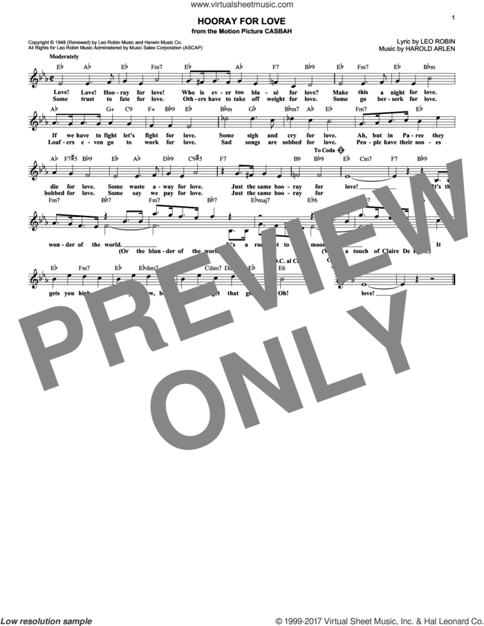 Hooray For Love sheet music for voice and other instruments (fake book) by Harold Arlen and Leo Robin, intermediate skill level