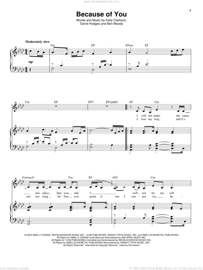 Because Of You sheet music for voice and piano by Kelly Clarkson, Ben Moody and David Hodges, intermediate skill level