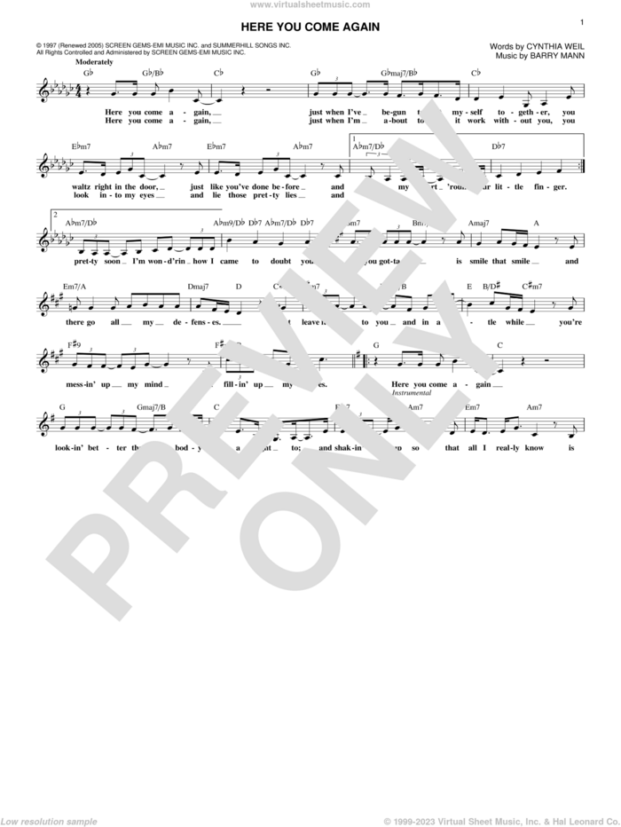 Here You Come Again sheet music for voice and other instruments (fake book) by Dolly Parton, Barry Mann and Cynthia Weil, intermediate skill level