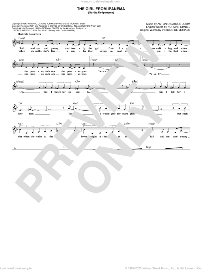 The Girl From Ipanema (Garota De Ipanema) sheet music for voice and other instruments (fake book) by Antonio Carlos Jobim, intermediate skill level
