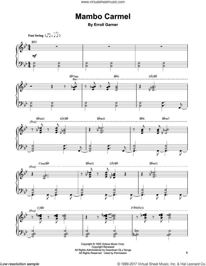 Mambo Carmel sheet music for piano solo (transcription) by Erroll Garner, intermediate piano (transcription)
