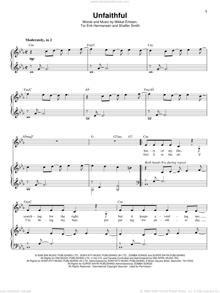 Unfaithful sheet music for voice and piano by Rihanna, Mikkel Eriksen, Shaffer Smith and Tor Erik Hermansen, intermediate skill level