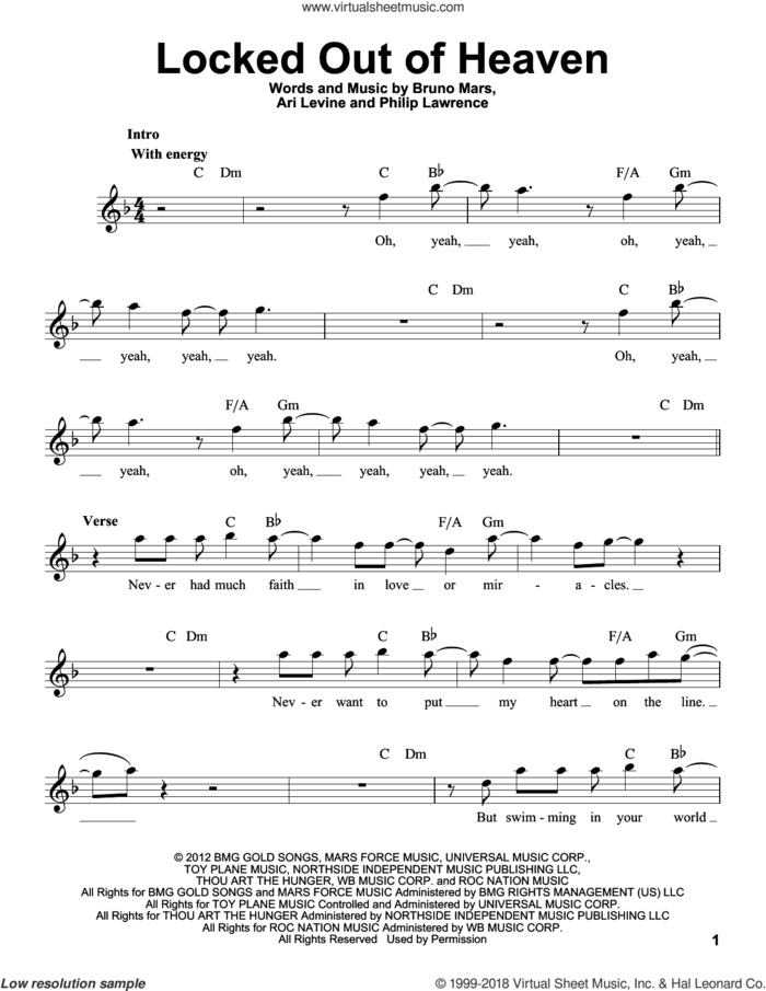 Locked Out Of Heaven sheet music for voice solo by Bruno Mars, Ari Levine and Philip Lawrence, intermediate skill level
