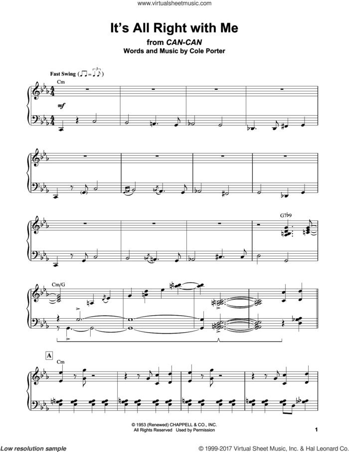 It's All Right With Me sheet music for piano solo (transcription) by Erroll Garner and Cole Porter, intermediate piano (transcription)