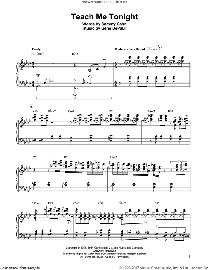 Teach Me Tonight sheet music for piano solo (transcription) by Erroll Garner and Gene DePaul, intermediate piano (transcription)