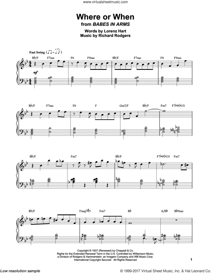 Where Or When sheet music for piano solo (transcription) by Erroll Garner, Lorenz Hart and Richard Rodgers, intermediate piano (transcription)