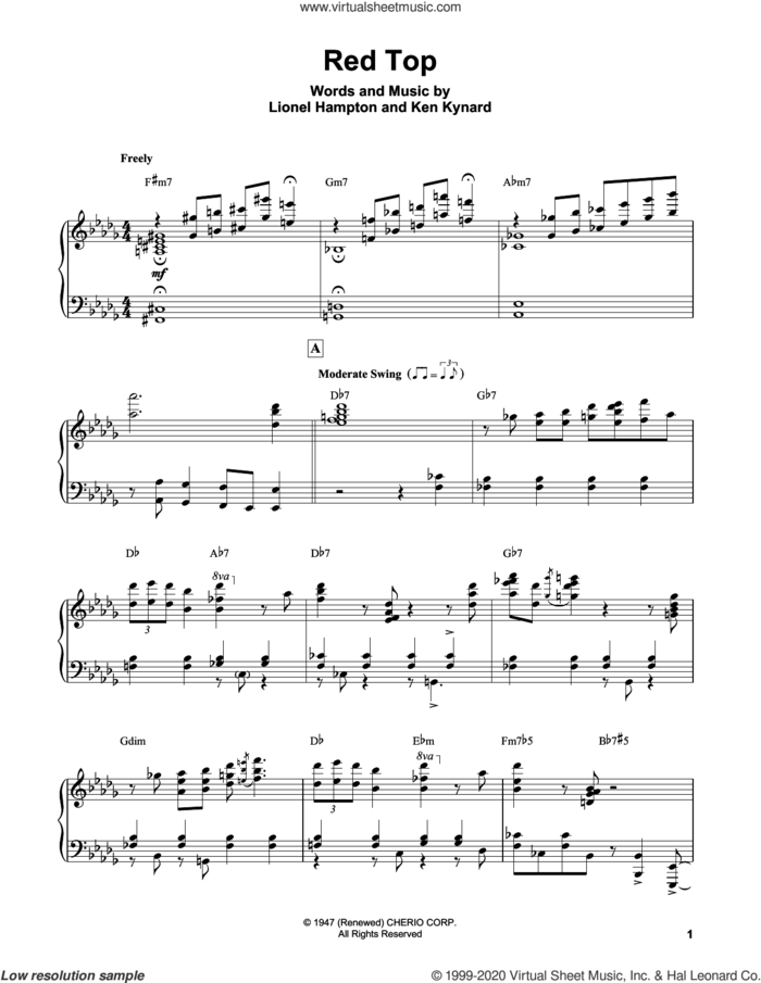 Red Top sheet music for piano solo (transcription) by Erroll Garner and Ken Kynard, intermediate piano (transcription)