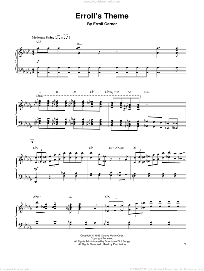 Erroll's Theme sheet music for piano solo (transcription) by Erroll Garner, intermediate piano (transcription)