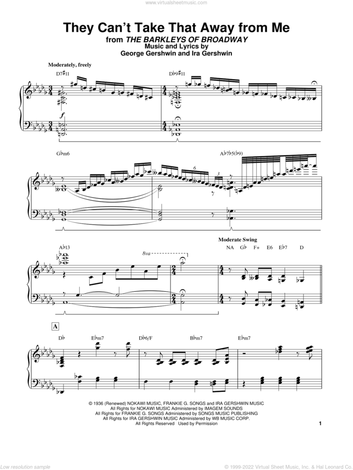 They Can't Take That Away From Me sheet music for piano solo (transcription) by Erroll Garner, George Gershwin and Ira Gershwin, intermediate piano (transcription)