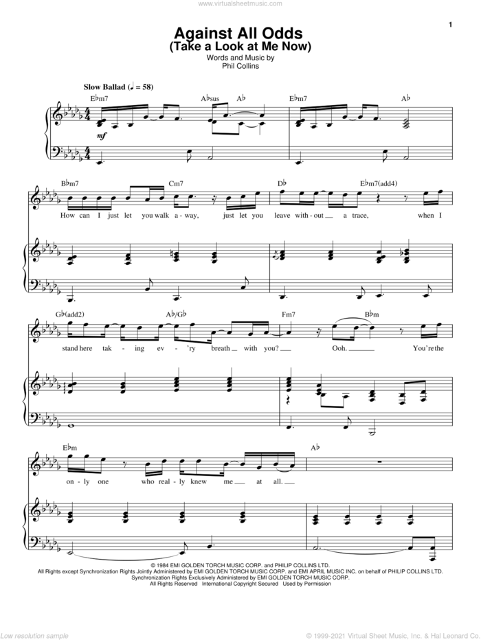Against All Odds (Take A Look At Me Now) sheet music for voice and piano by Phil Collins, intermediate skill level
