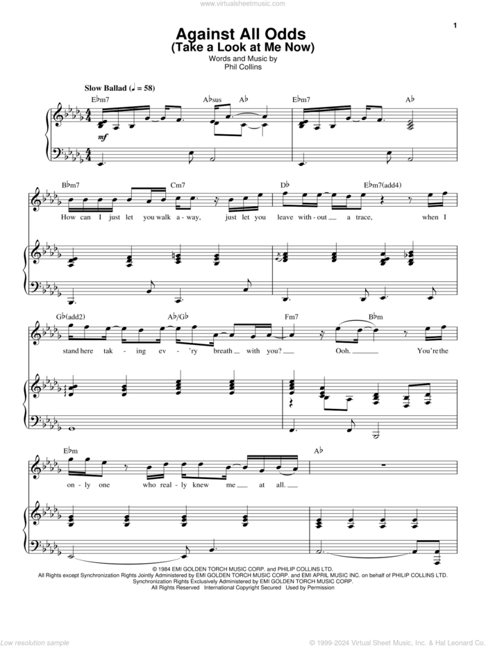 Against All Odds (Take A Look At Me Now) sheet music for voice and piano by Phil Collins, intermediate skill level