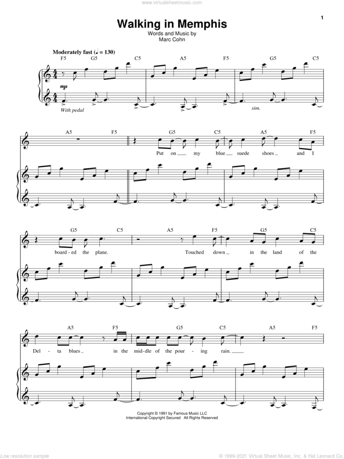 Walking In Memphis sheet music for voice and piano by Marc Cohn, intermediate skill level