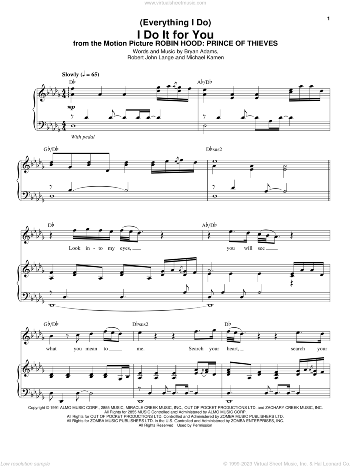 (Everything I Do) I Do It For You sheet music for voice and piano by Bryan Adams, Michael Kamen and Robert John Lange, wedding score, intermediate skill level